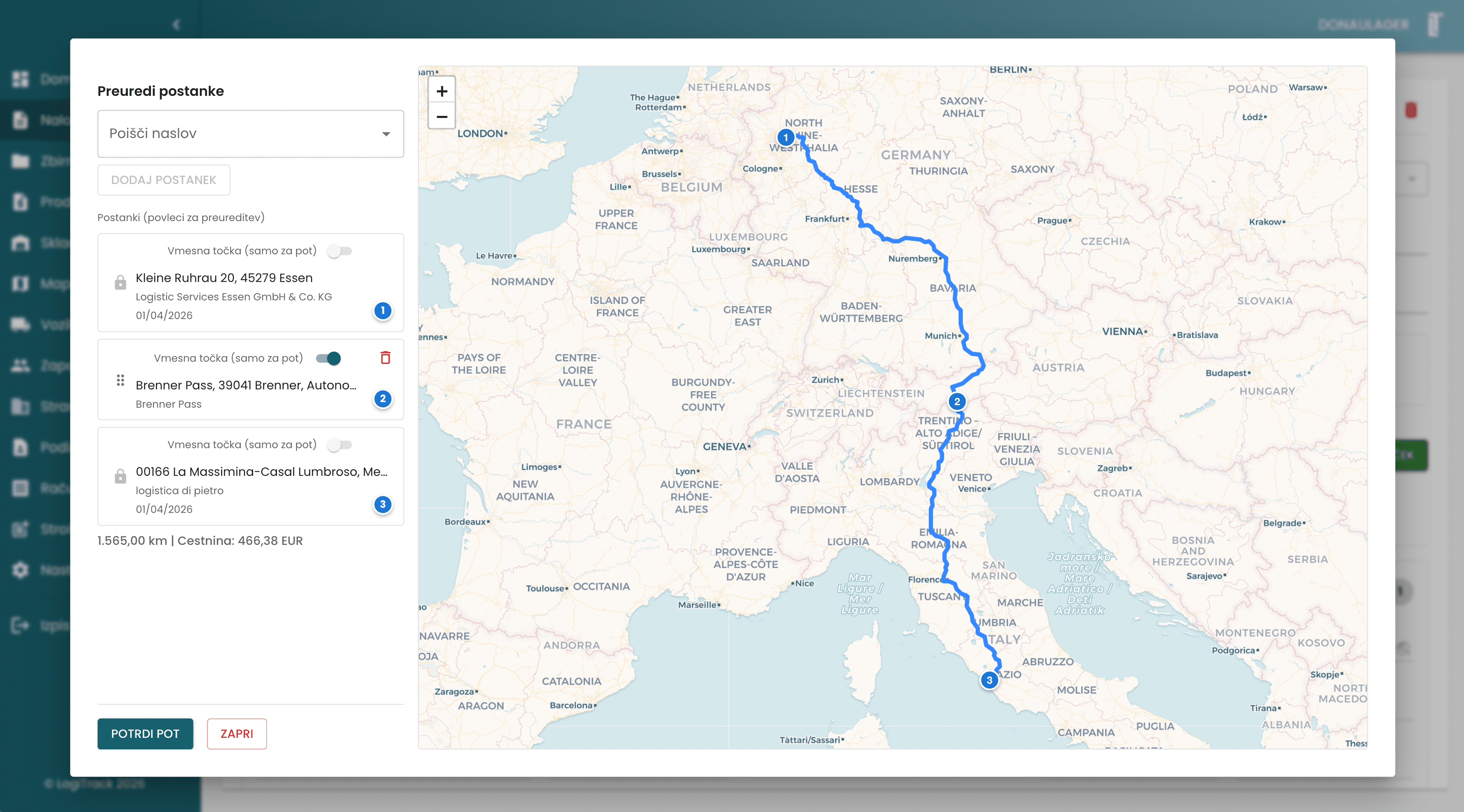 LogiTrack: načrtovanje poti z zemljevidom, seštevkom kilometrov in cestnine
